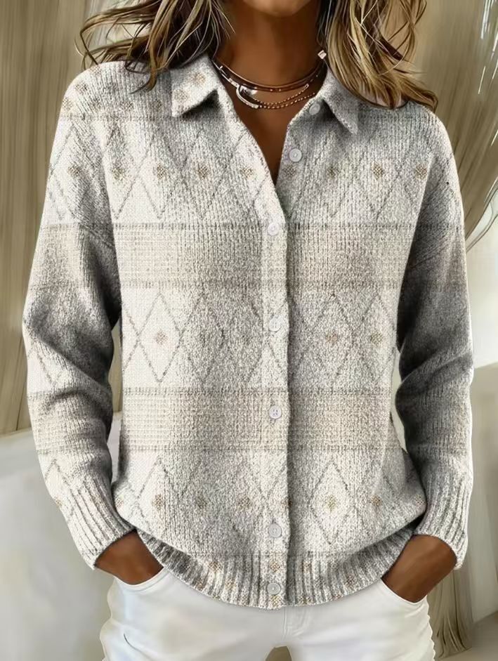 Christine | Ecrufärgad stickad cardigan med rombmönster