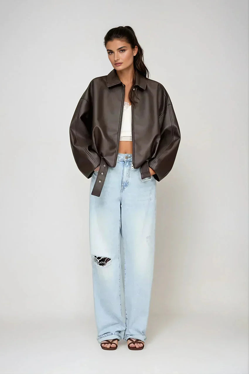 Solène | Brun oversize läderjacka med bälte