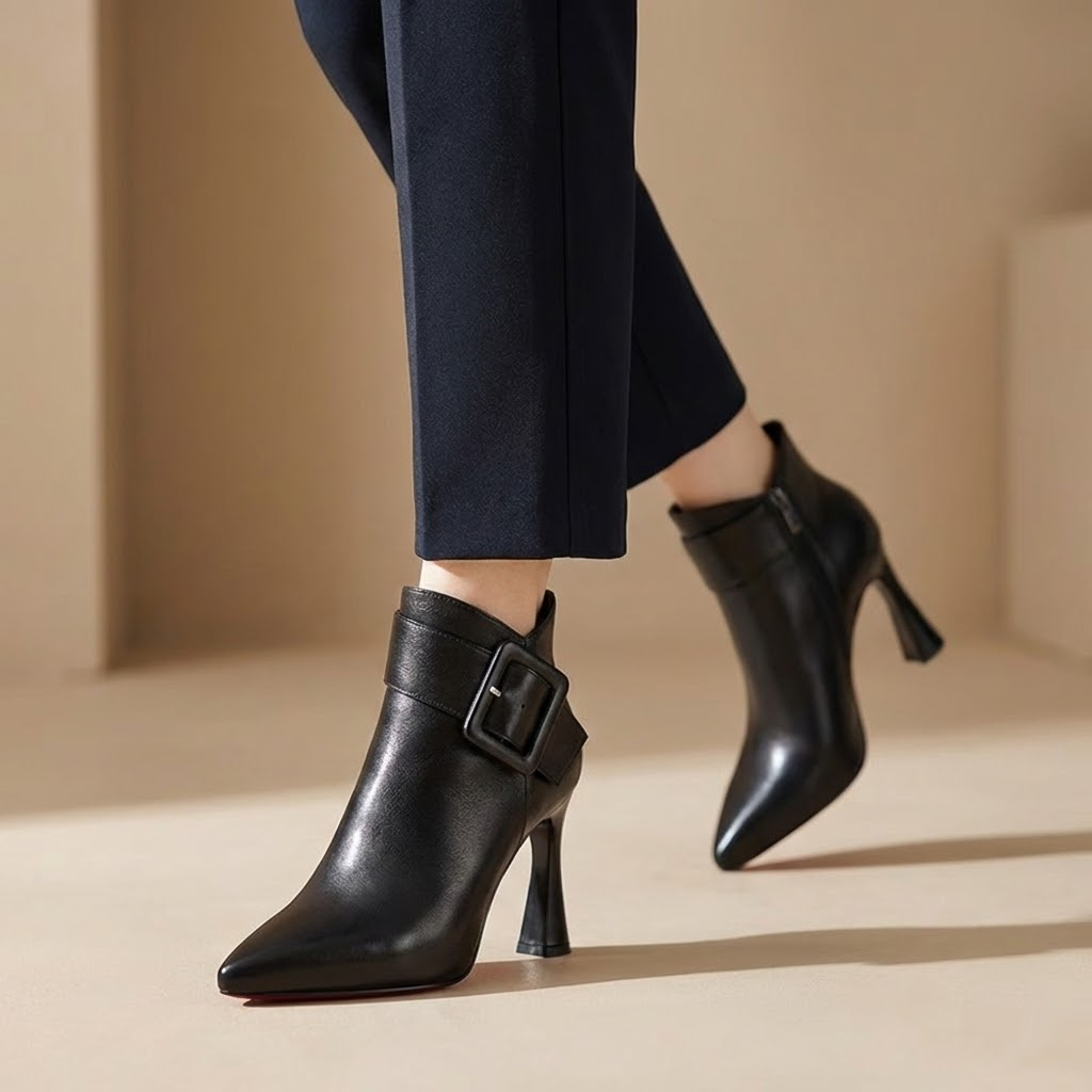 Ankelboots med klack och stort spänne