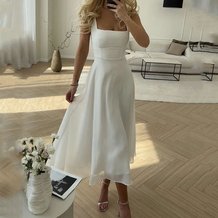 Hannah – Elegant Midiklänning Med Fyrkantig Ringning För Bröllopsgäst