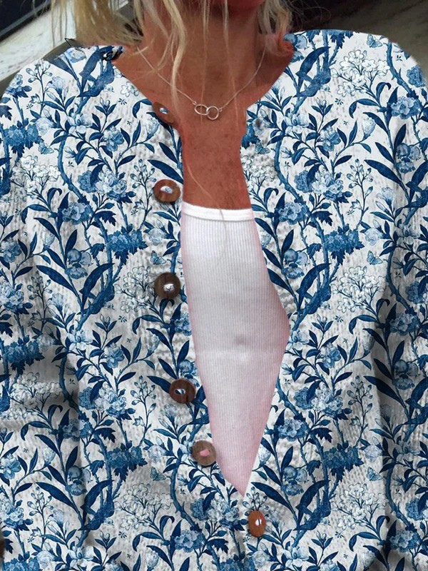 Margot | Blå blommig toile de Jouy-cardigan