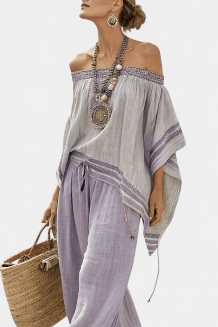 Zandrel – Elegant Off-Shoulder Top & Vida Byxor med Rand