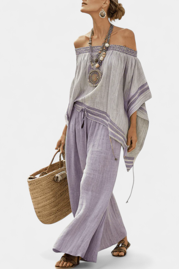 Zandrel – Elegant Off-Shoulder Top & Vida Byxor med Rand