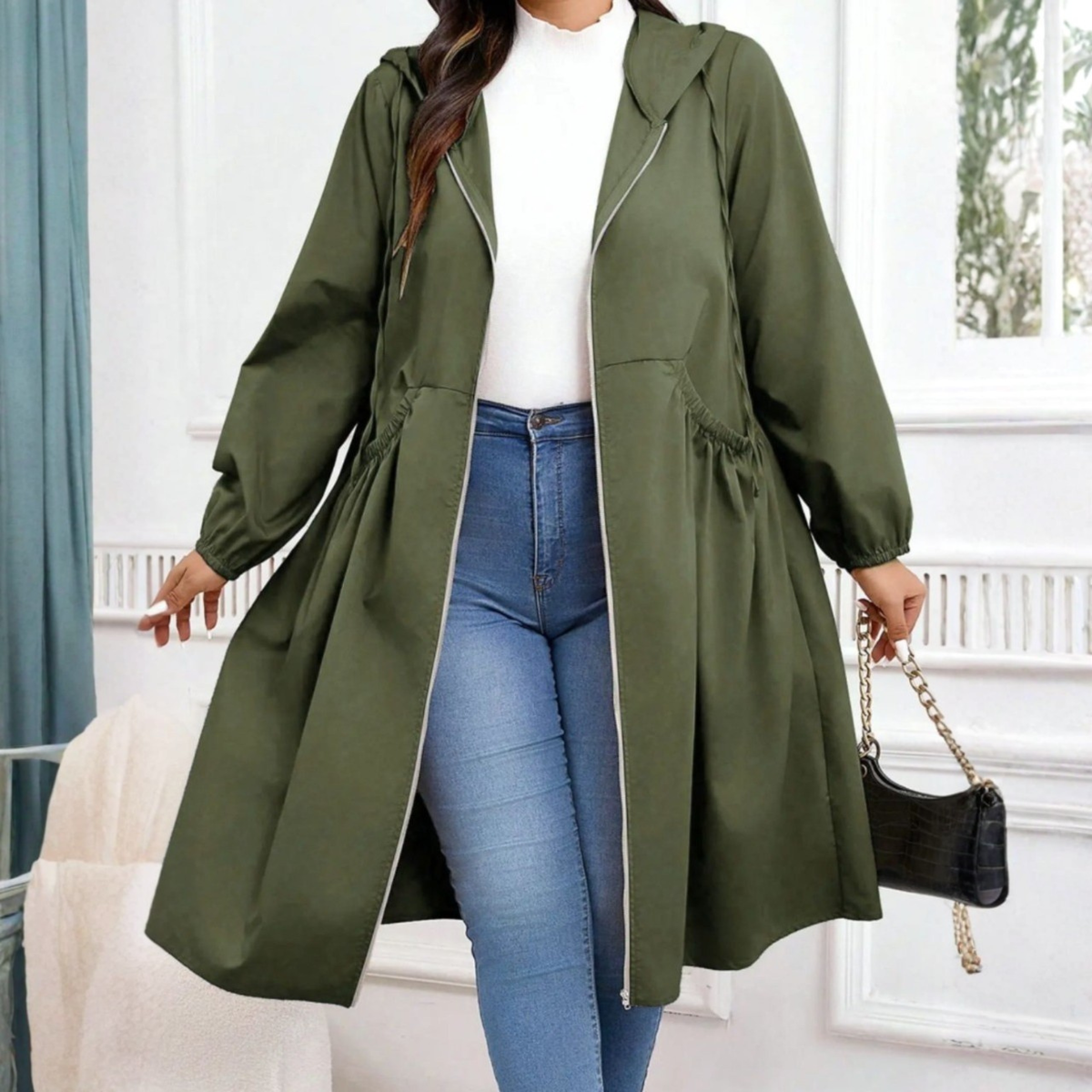 Avril – Avslappnad Plus Size Dragkedja Med Huva Långärmad Kappa