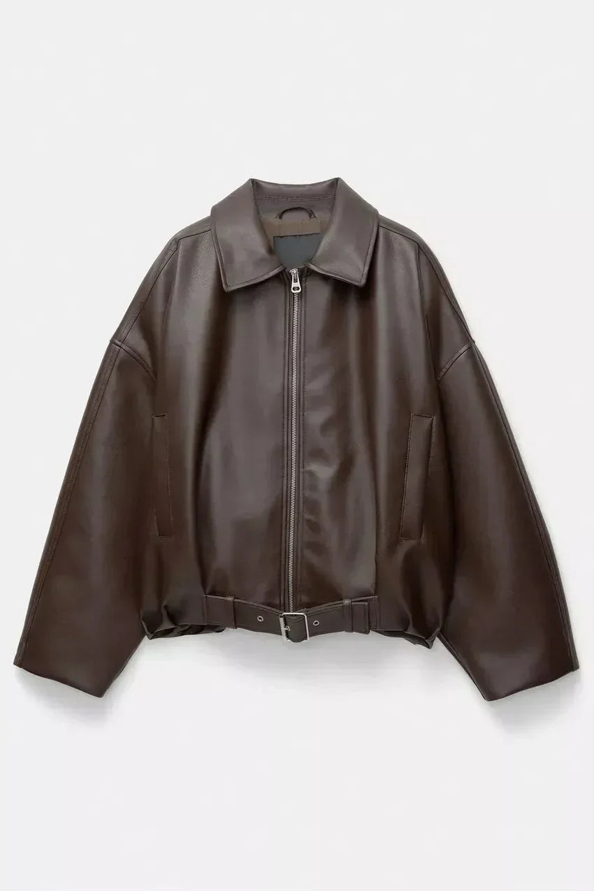 Solène | Brun oversize läderjacka med bälte