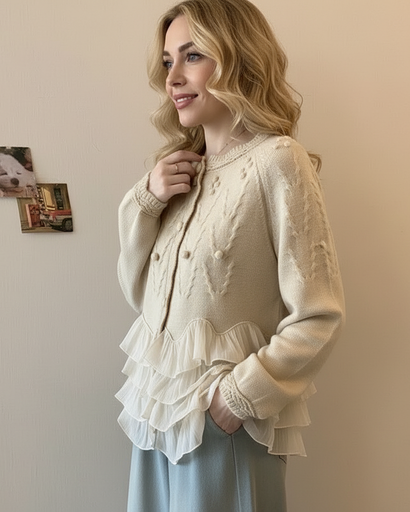 Elegant stickad cardigan med volanger