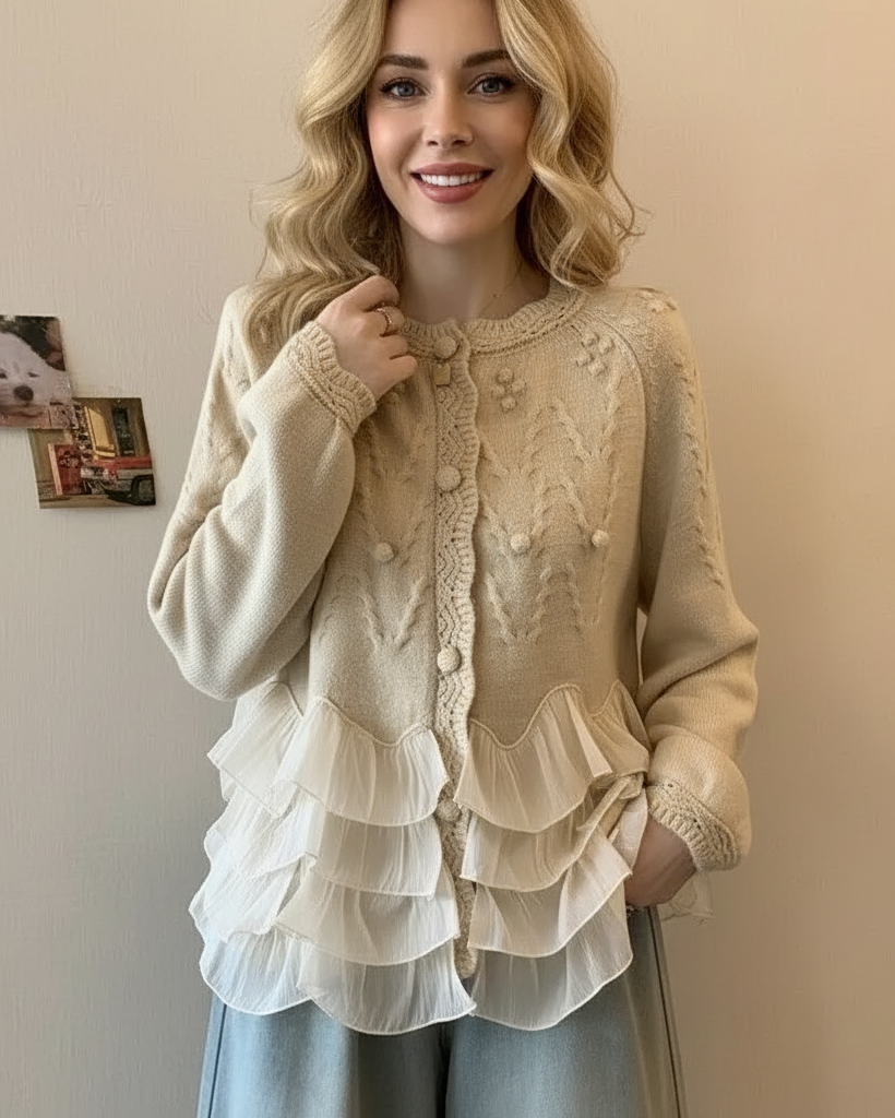 Elegant stickad cardigan med volanger