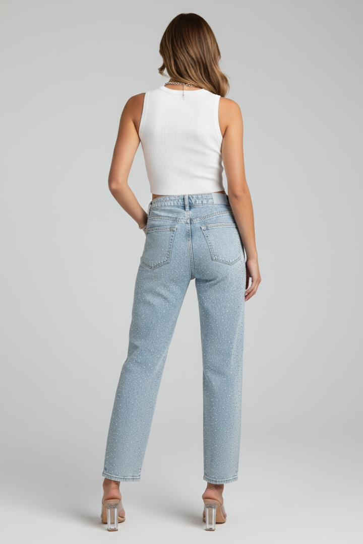 Katherine – Damens Högmidjade Glittrande Rakben Jeans