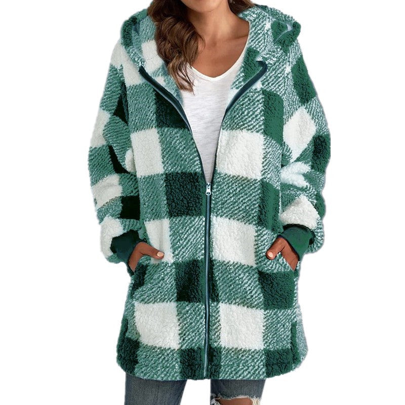 Arabella – Rutig Fleece Långärmad Kappa med Huva