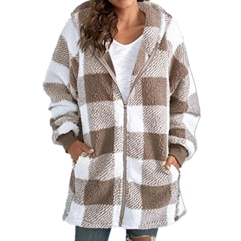 Arabella – Rutig Fleece Långärmad Kappa med Huva