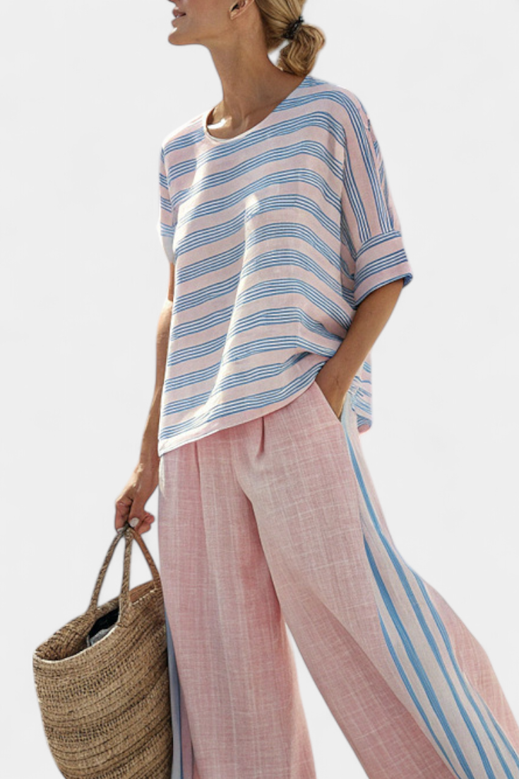Virella – Elegant Rosa-Blå Linneblus & Mjuka Byxor