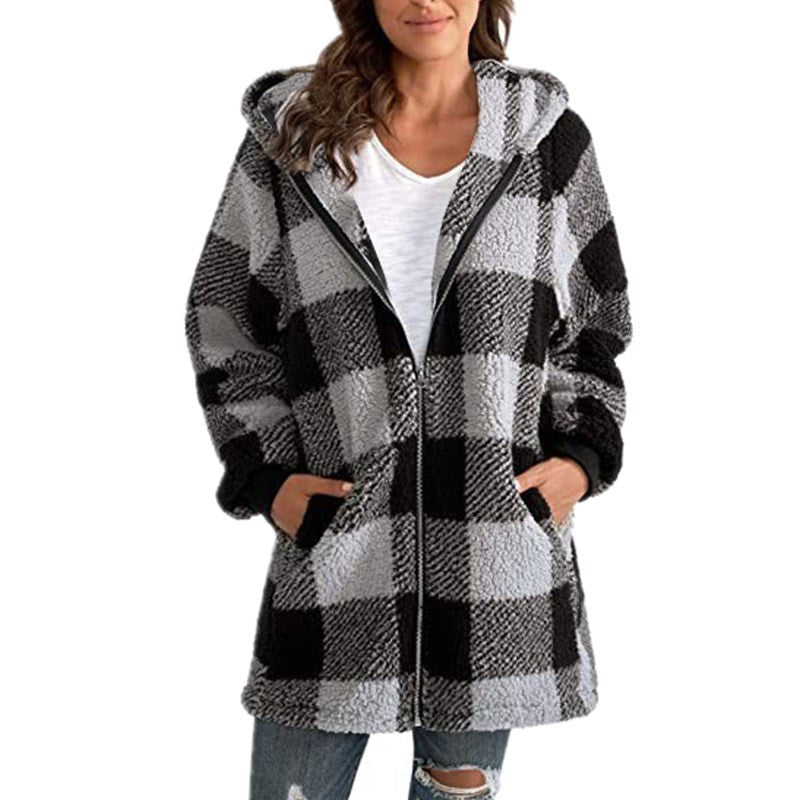Arabella – Rutig Fleece Långärmad Kappa med Huva
