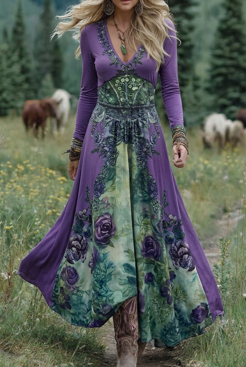Sophia – Kvinnors V-ringad kortärmad blommig maxiklänning