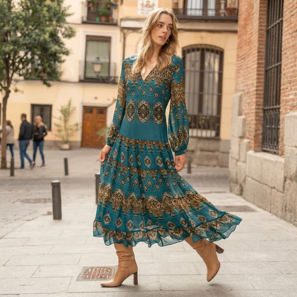 Evelyn – Midi Klänning Boho Medallion Tryck Puffärmar Tiered