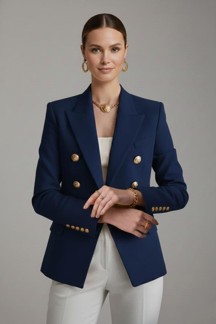 Rebecca – Damens dubbelknäppta blazer med detaljer i guldton