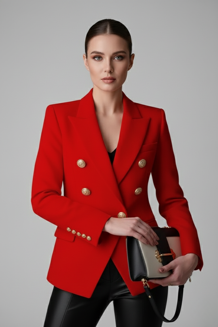 Rebecca – Damens dubbelknäppta blazer med detaljer i guldton