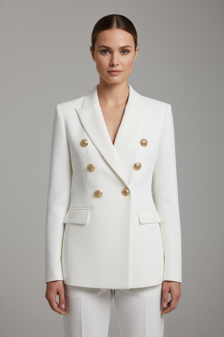 Rebecca – Damens dubbelknäppta blazer med detaljer i guldton