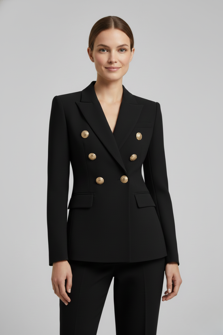 Rebecca – Damens dubbelknäppta blazer med detaljer i guldton