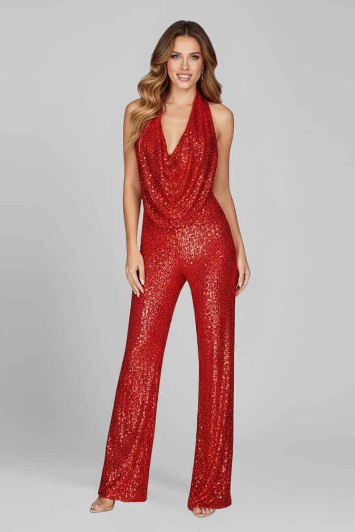 Lauren – Dam Halterneck Texturerad Vida Byxor Jumpsuit