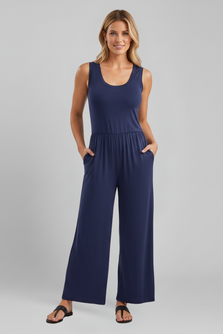 Emma – Dam Rundhalsad Elastisk Midja Vida Byxor Jumpsuit