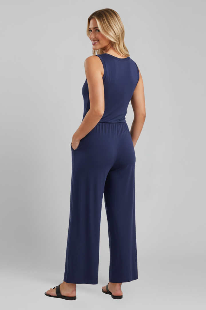 Emma – Dam Rundhalsad Elastisk Midja Vida Byxor Jumpsuit