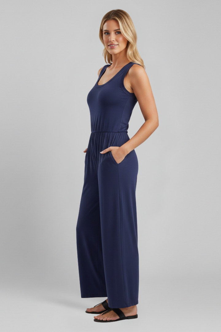 Emma – Dam Rundhalsad Elastisk Midja Vida Byxor Jumpsuit