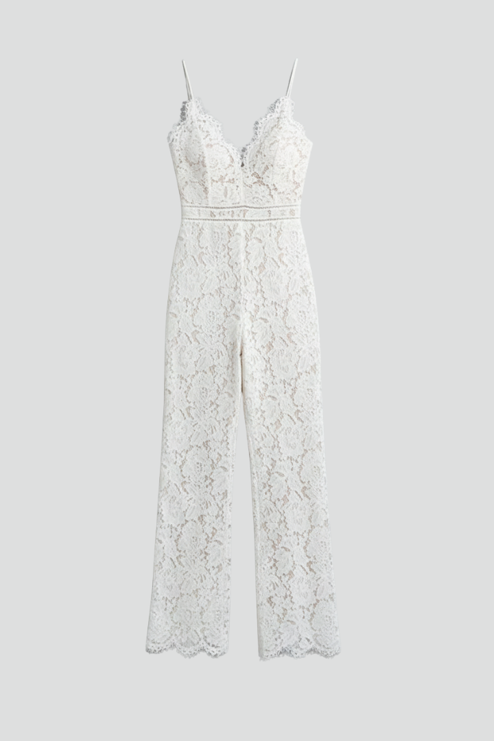 Emily – Ärmlös V-ringad Jumpsuit Med Spets Och Vida Ben För Dam