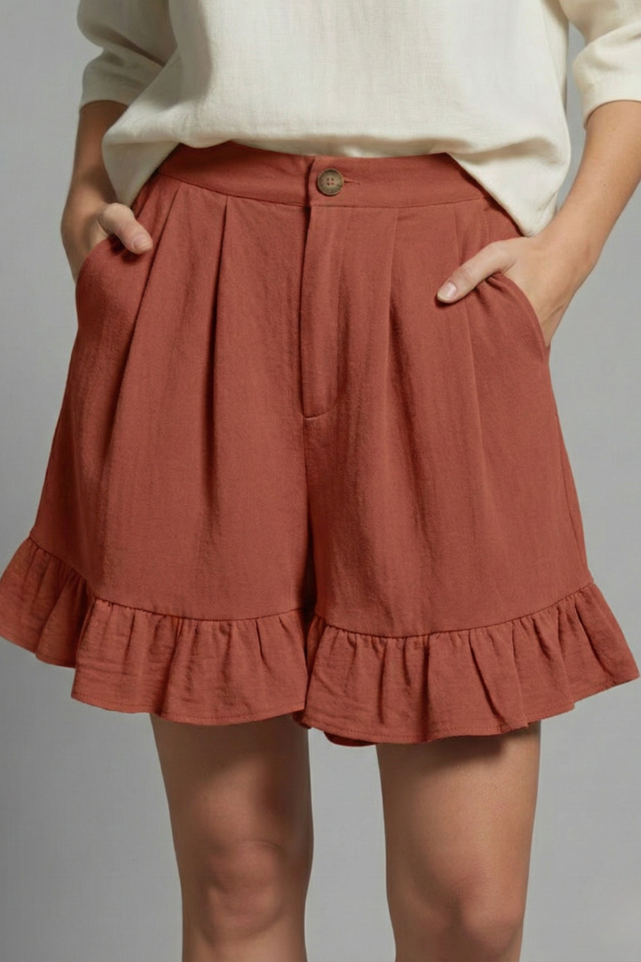 Jacklyn – Damens Hög Midja Volangkant Casual Shorts