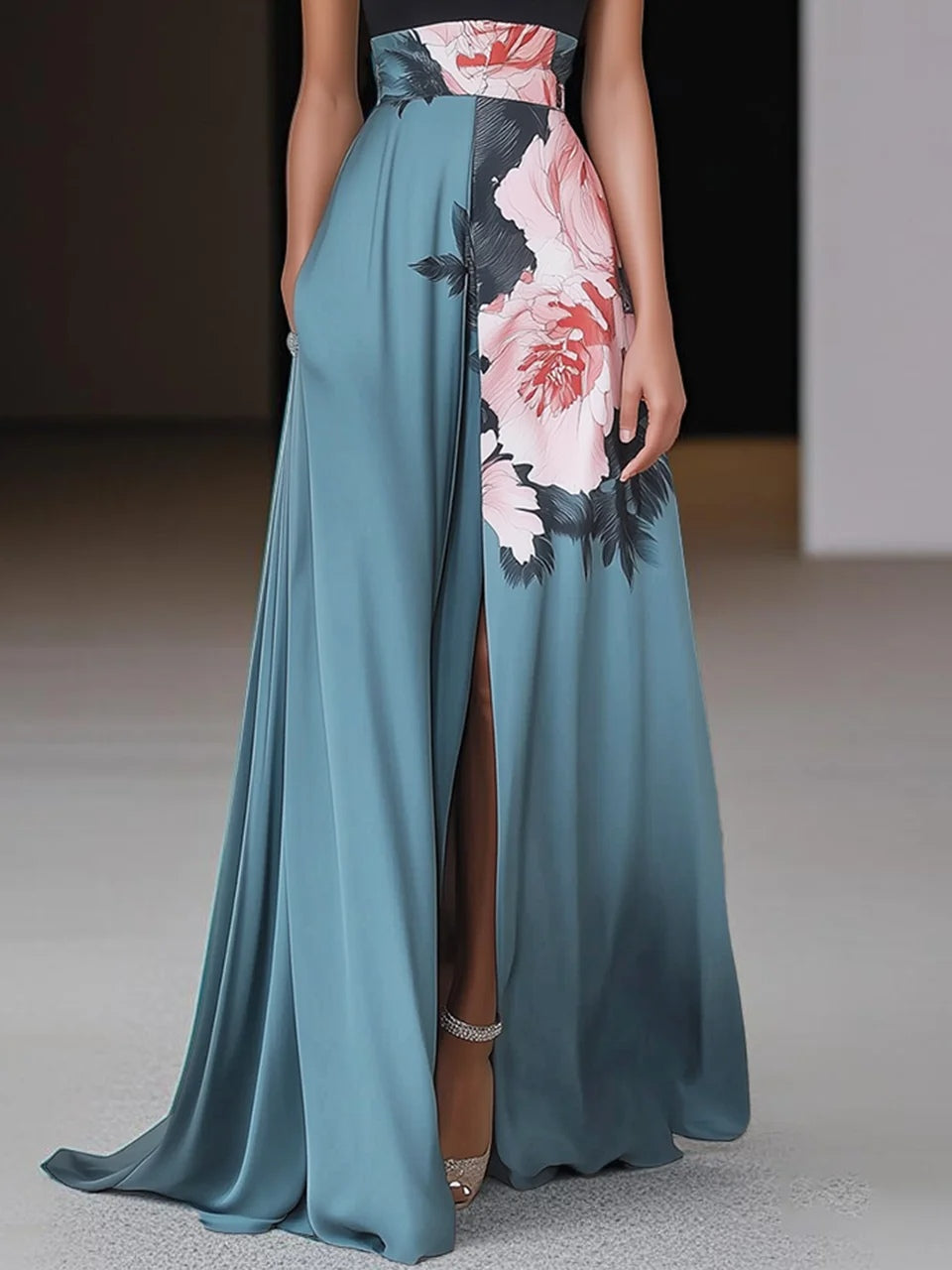Dakota – Chic Ärmlös Blommig A-linjemaxiklänning Med Slits Och Rund Halsringning För Dam