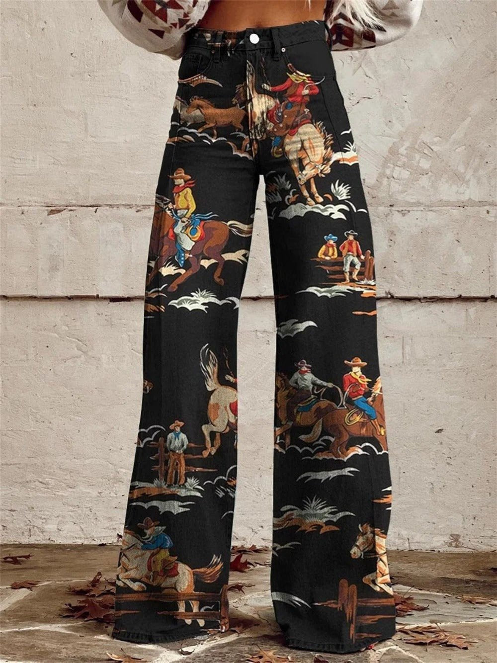 Grace – Denim Western Print Högmidjade Vida Byxor
