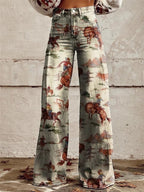 Grace – Denim Western Print Högmidjade Vida Byxor
