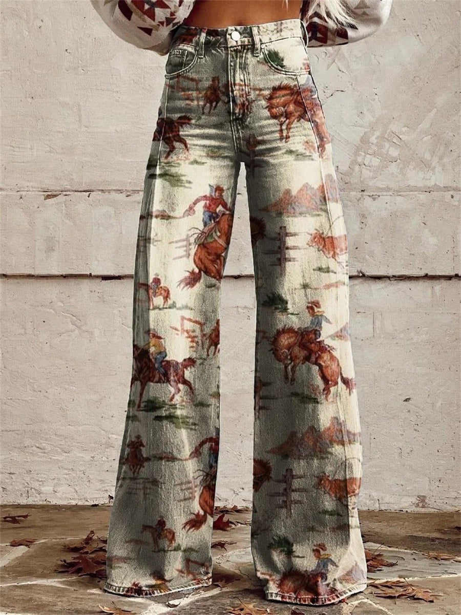 Grace – Denim Western Print Högmidjade Vida Byxor