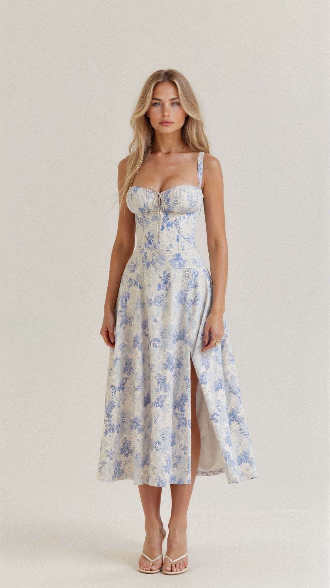 Amelia – Blommig Korsett Midi Klänning med Hjärtformad Urringning