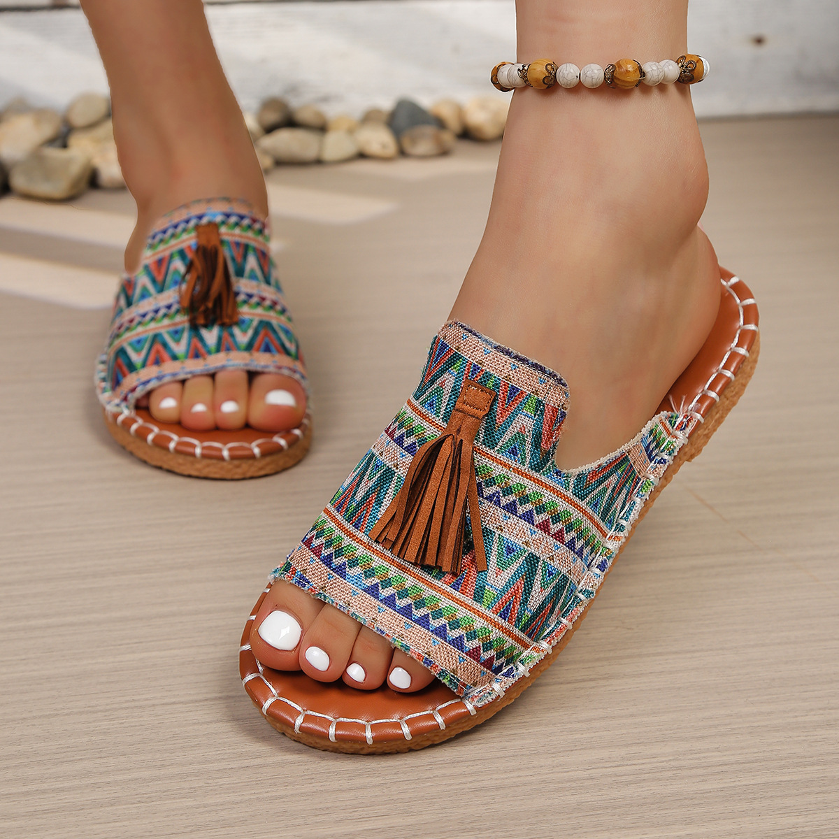 Aria – Damens Slide Sandaler Öppen Tå Fringed Bohemisk Platt