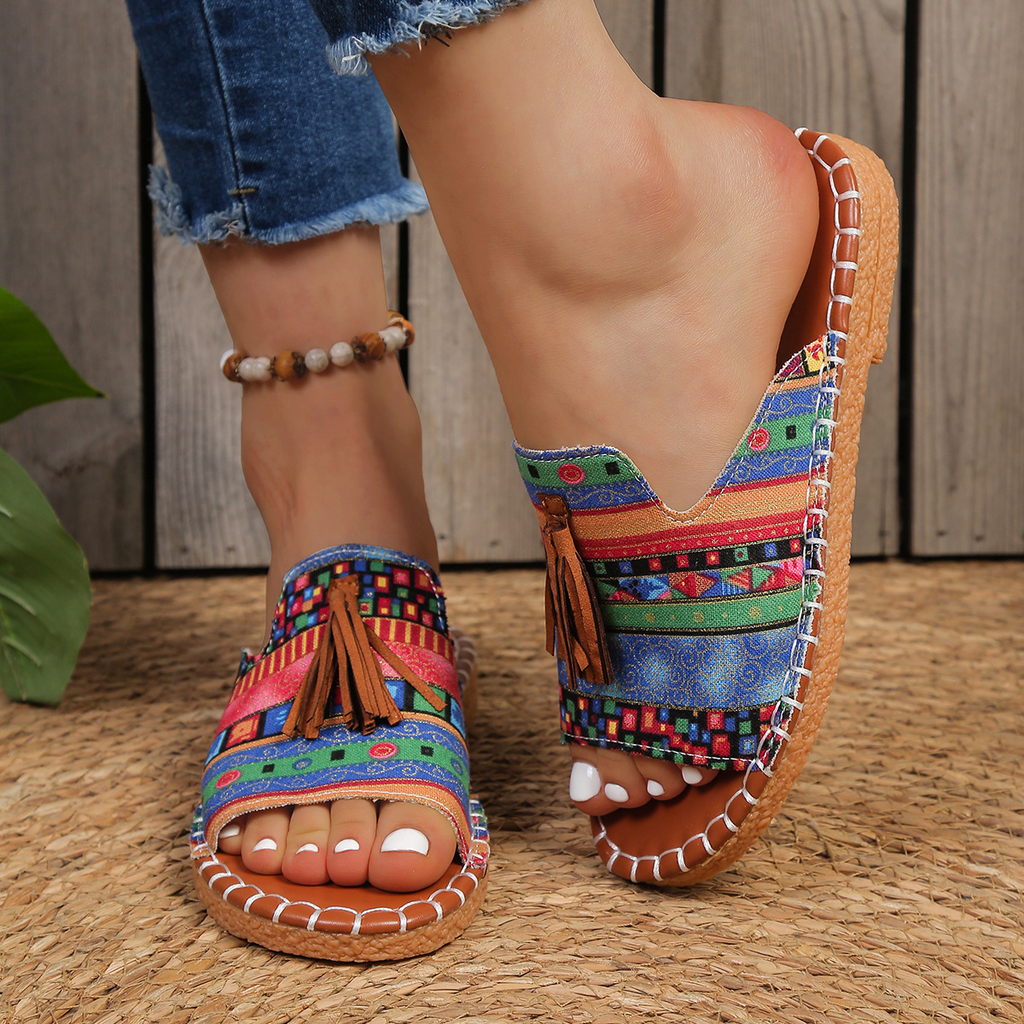 Aria – Damens Slide Sandaler Öppen Tå Fringed Bohemisk Platt