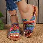 Aria – Damens Slide Sandaler Öppen Tå Fringed Bohemisk Platt