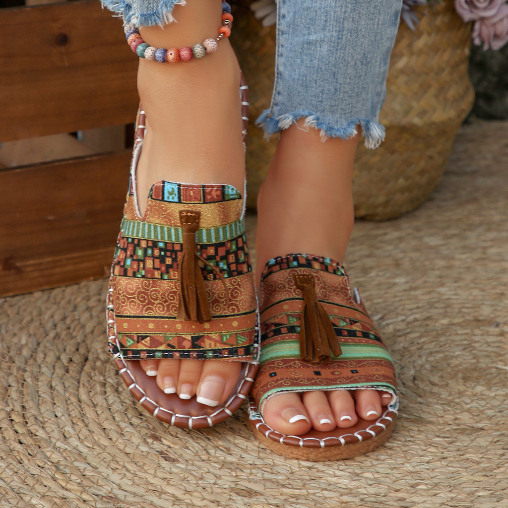 Aria – Damens Slide Sandaler Öppen Tå Fringed Bohemisk Platt