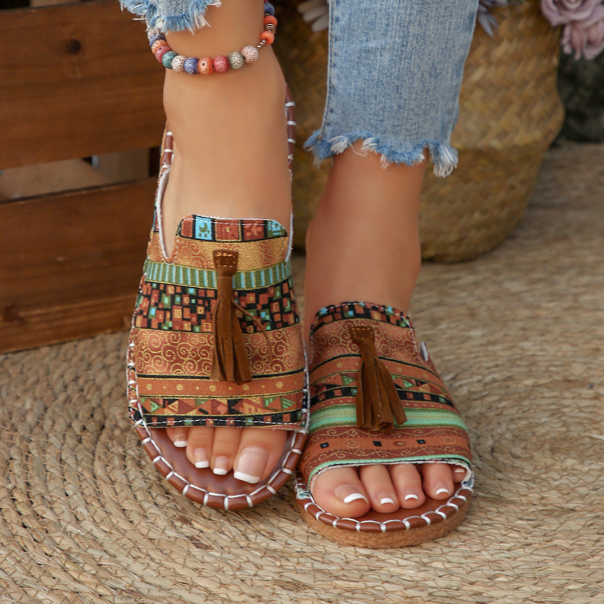 Aria – Damens Slide Sandaler Öppen Tå Fringed Bohemisk Platt