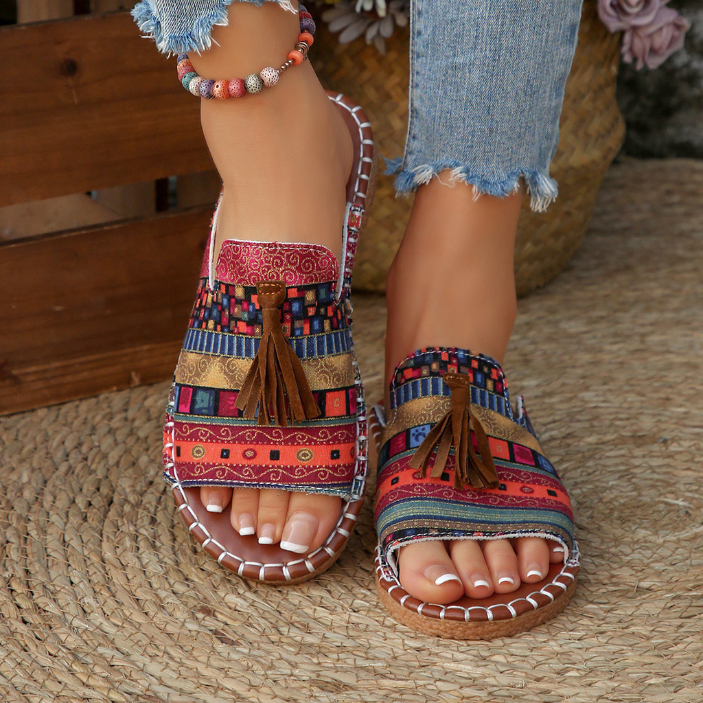 Aria – Damens Slide Sandaler Öppen Tå Fringed Bohemisk Platt