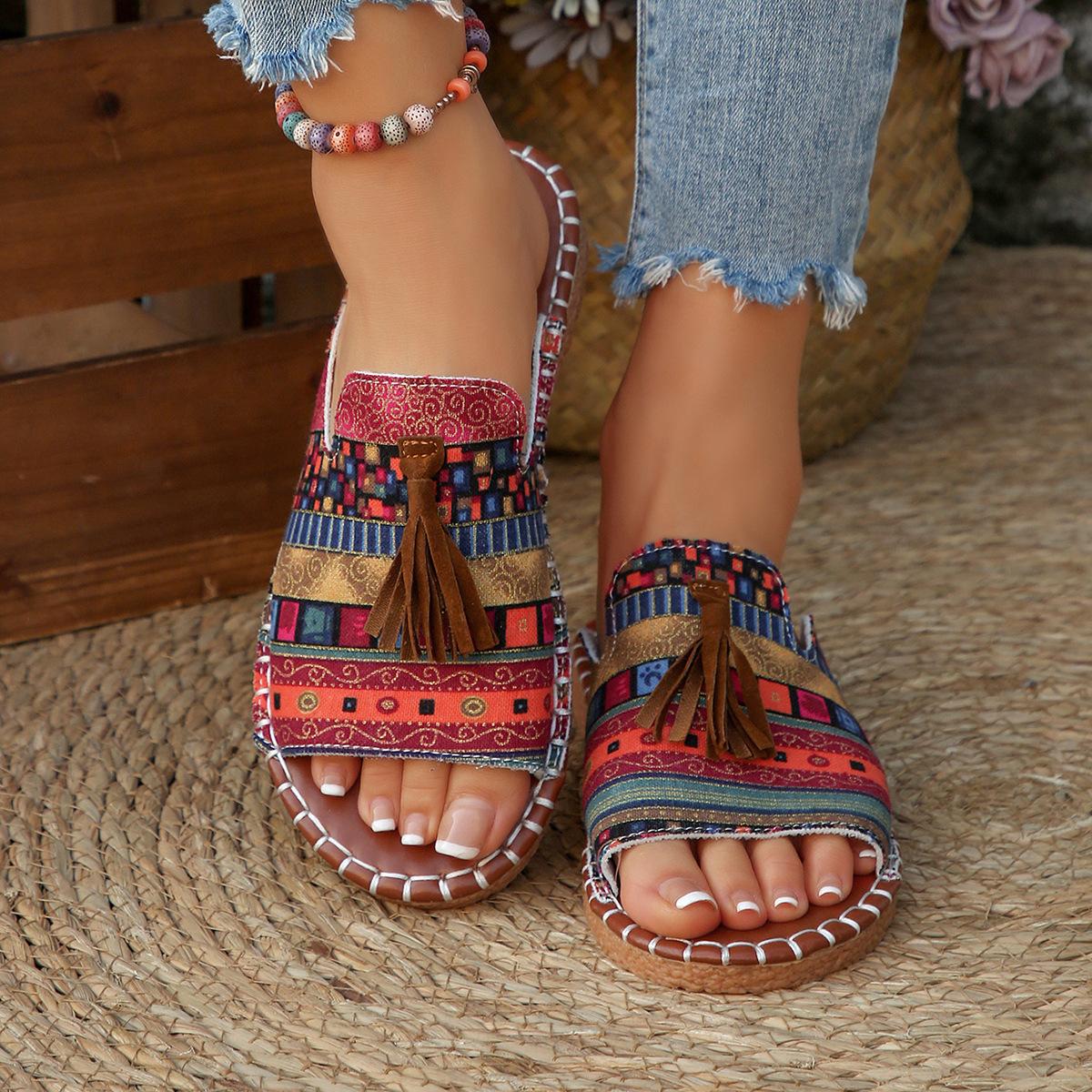Aria – Damens Slide Sandaler Öppen Tå Fringed Bohemisk Platt