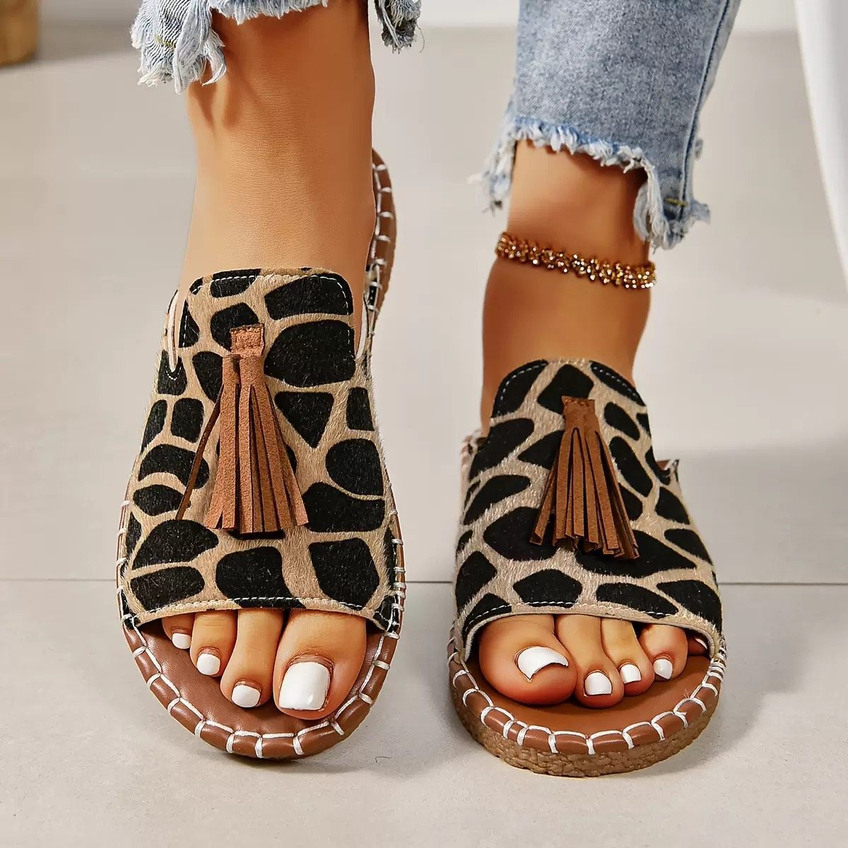 Aria – Damens Slide Sandaler Öppen Tå Fringed Bohemisk Platt