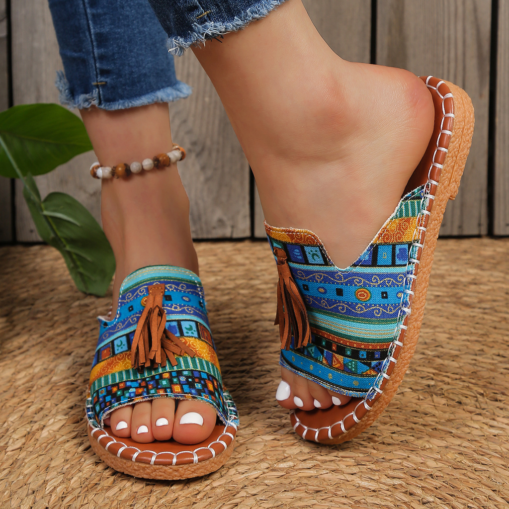 Aria – Damens Slide Sandaler Öppen Tå Fringed Bohemisk Platt