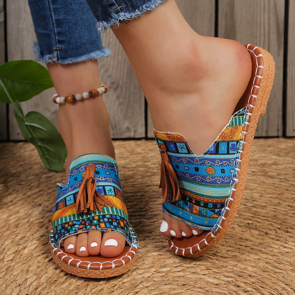 Aria – Damens Slide Sandaler Öppen Tå Fringed Bohemisk Platt