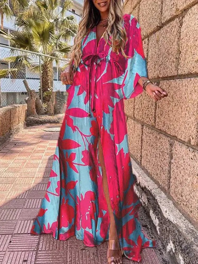 Mia – Maxi Klänning V-Hals Kimono Ärmar Abstrakt Tryck Slits