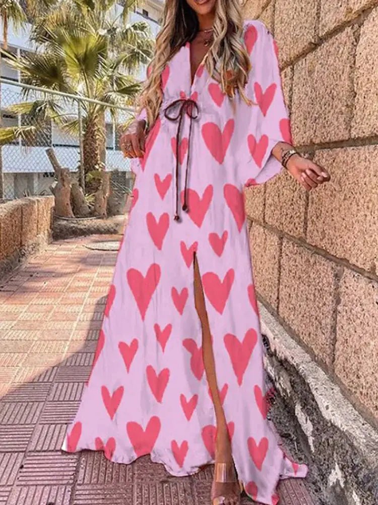 Mia – Maxi Klänning V-Hals Kimono Ärmar Abstrakt Tryck Slits