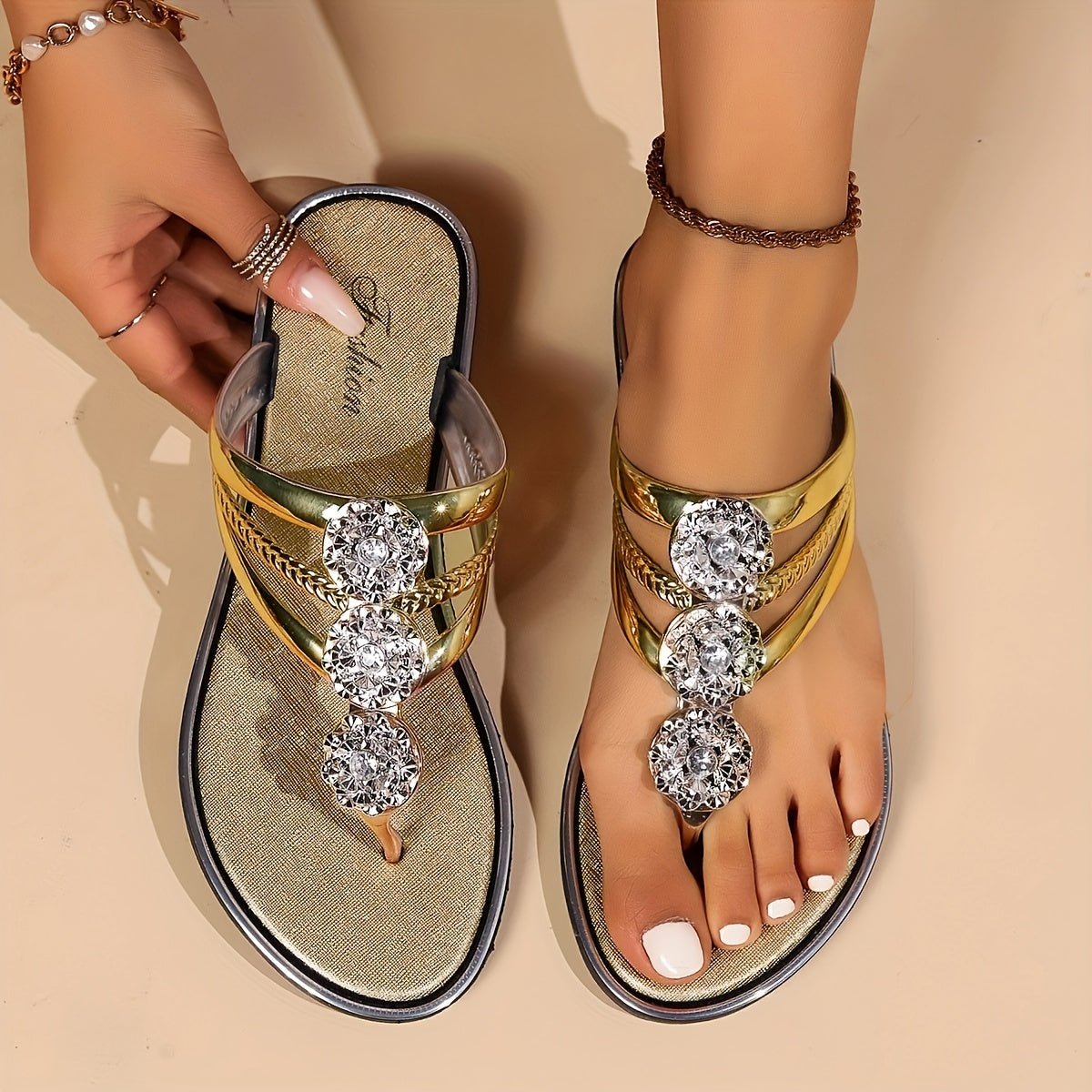 Harper – Dam Strass T-Strap Platta Sandaler Slip-On