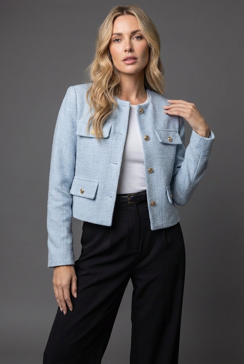 Victoria – Dam Tweed Cropped Blazer Rund Hals Guldknappar