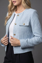Victoria – Dam Tweed Cropped Blazer Rund Hals Guldknappar