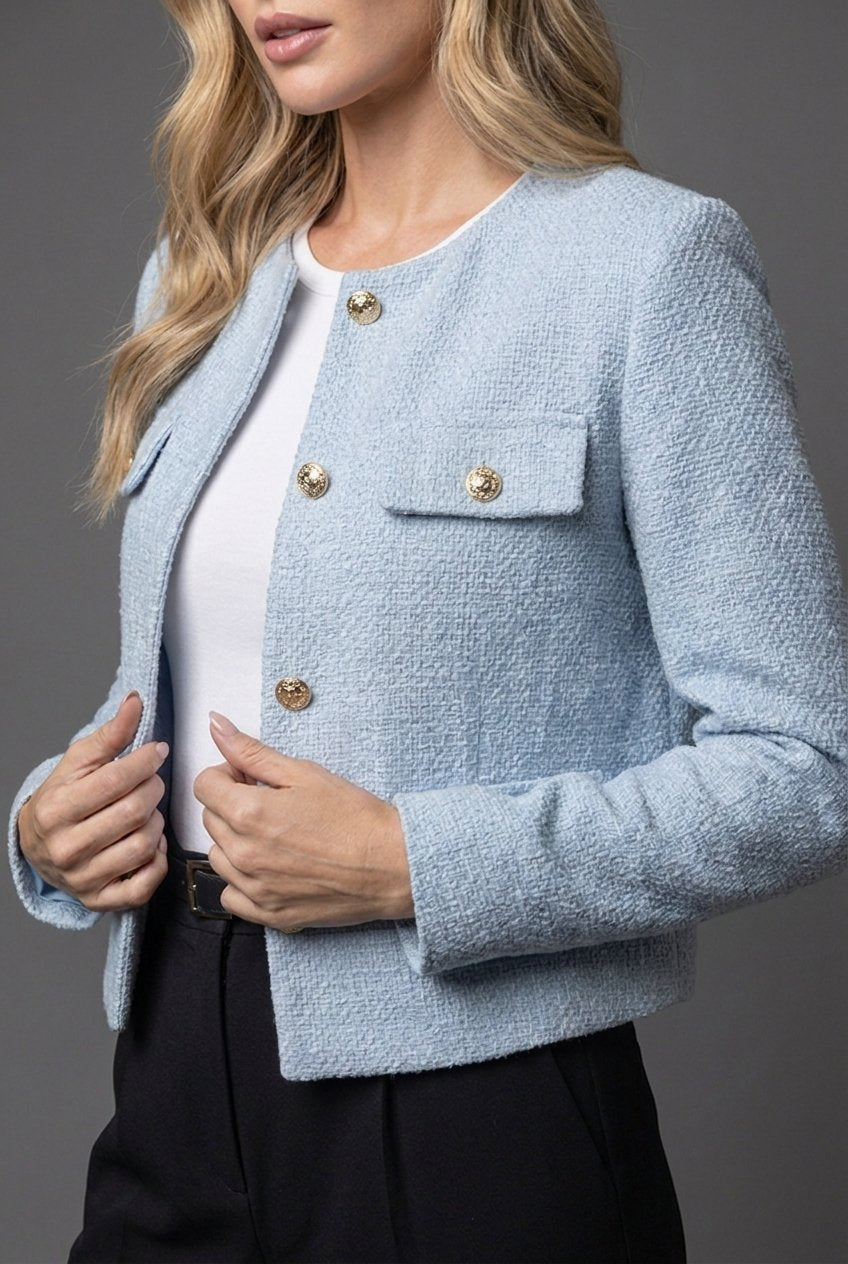 Victoria – Dam Tweed Cropped Blazer Rund Hals Guldknappar