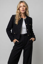 Victoria – Dam Tweed Cropped Blazer Rund Hals Guldknappar